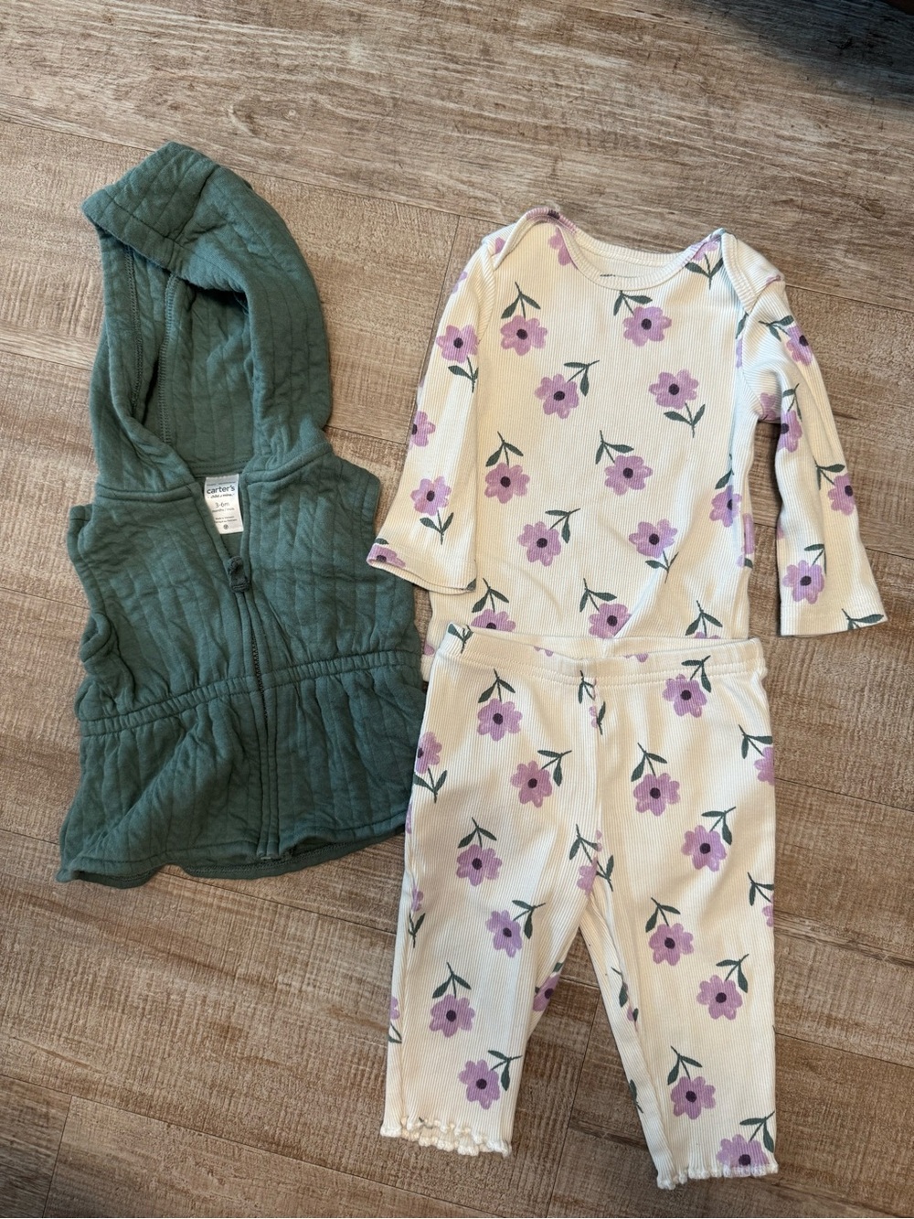Carter's Cream Floral Pajama Set with Green Hooded Vest